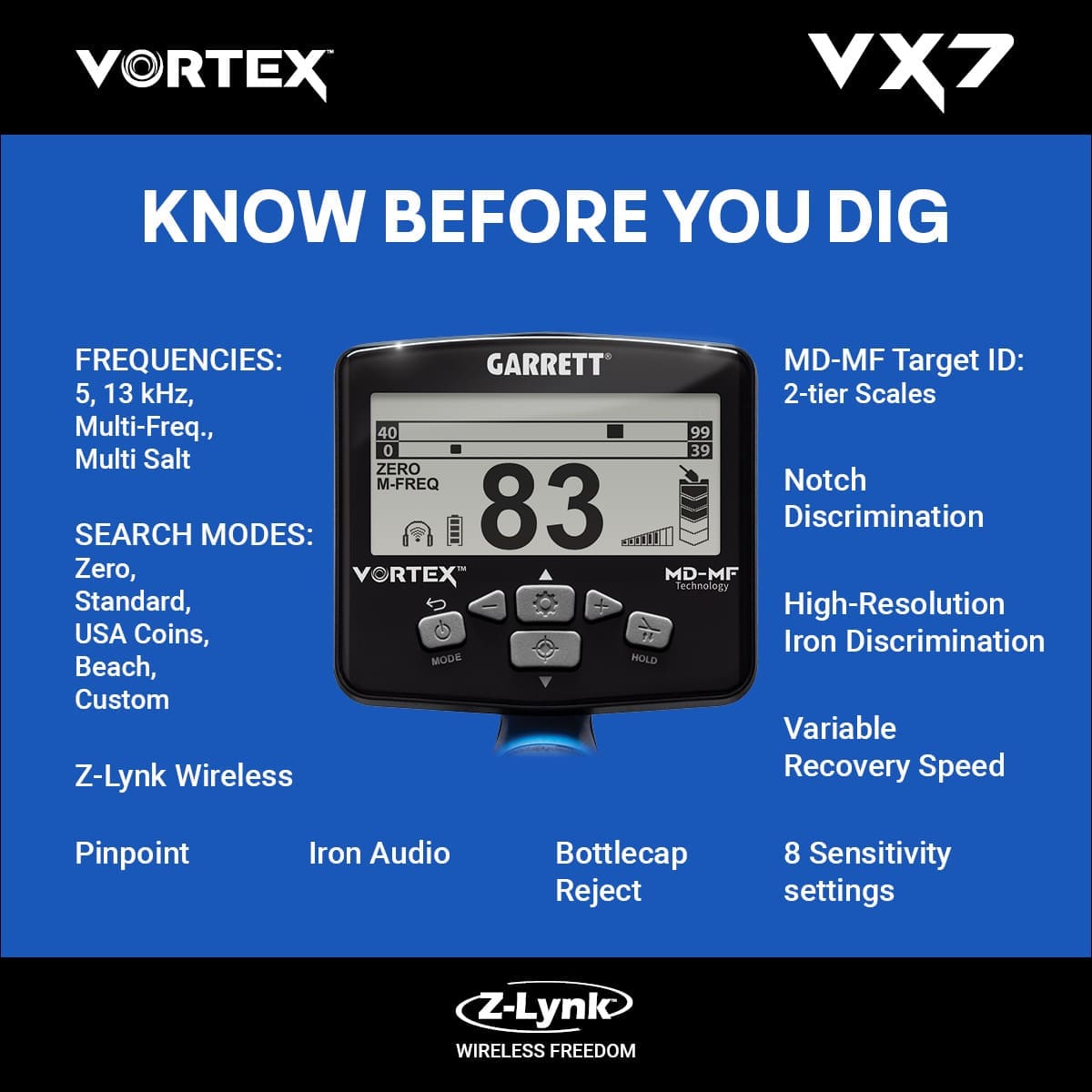 Çankırı Garrett Vortex VX7 Dedektör - VX7 hedef ID ekranı, iki katmanlı MD-MF okuma ile demir ve iletken hedefleri ayırmaya yardım eder.